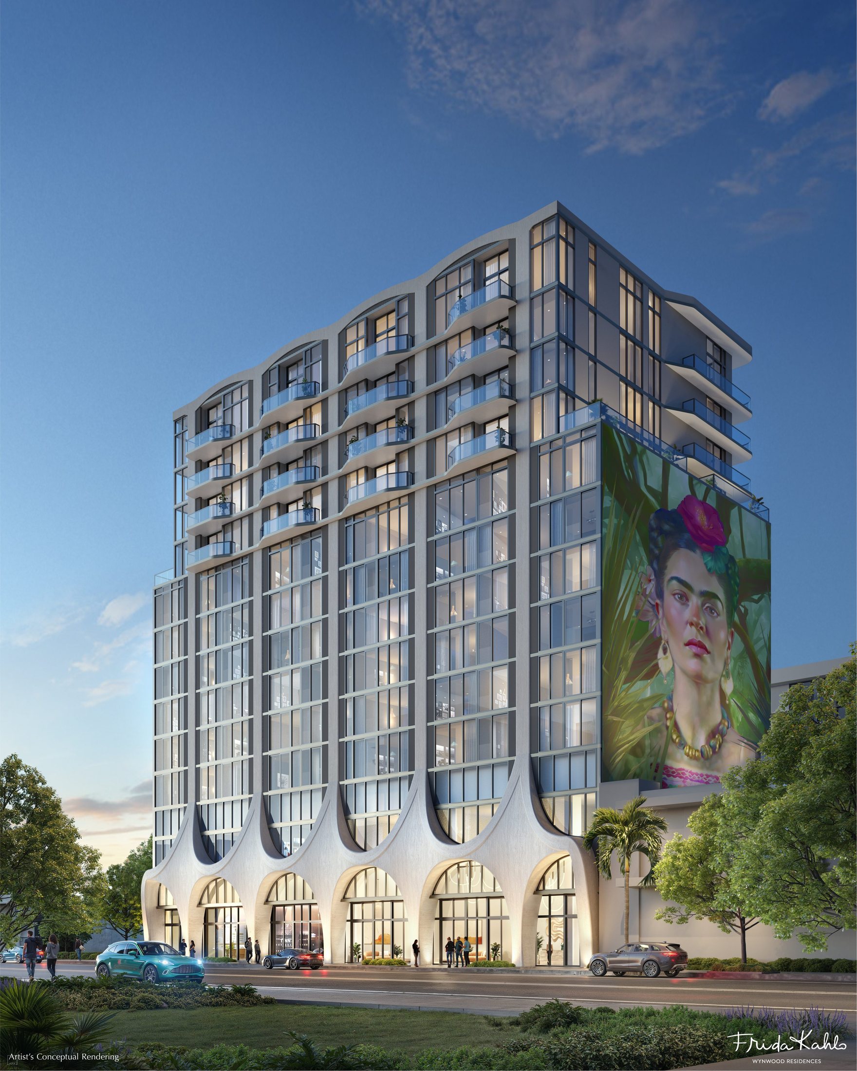 Frida Kahlo Wynwood Residences — Carlos Ott's arched base and the Frida mural on NW 29th Street, Wynwood
